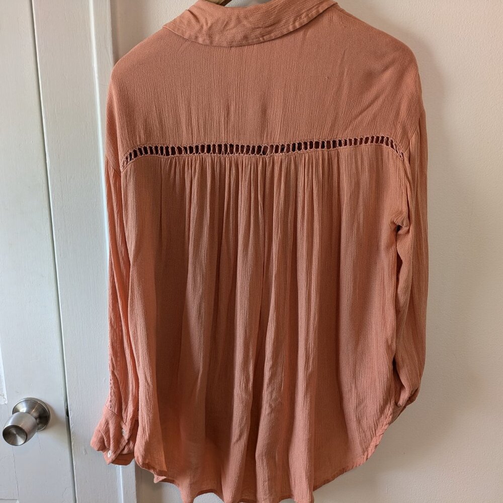 Free People "Katie Bird" Peach Pink Crochet Trim Button-Down Top - Picture 11 of 15